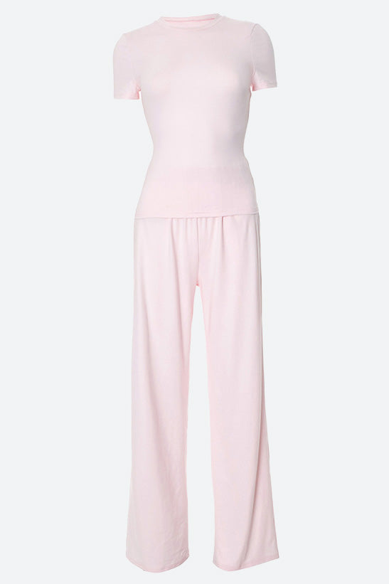 Casual Solid Round-Neck Short Sleeve Set Lavish Daily