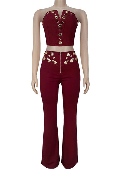 Strapless Grommet V-Neck Flare Pant Set Lavish Daily