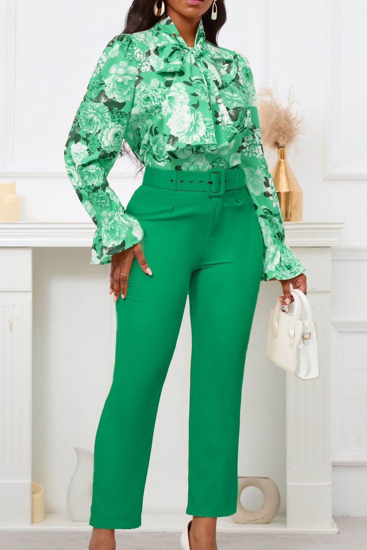 Floral Printing Blouse Solid Color Pants Set Lavish Daily