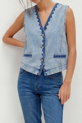 Embroidered Boho V-Neck Denim Vest LavishDaily