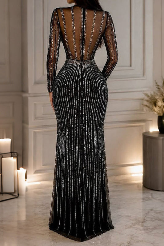 Rhinestone Mesh High Slit Maxi Dress Lavish Daily
