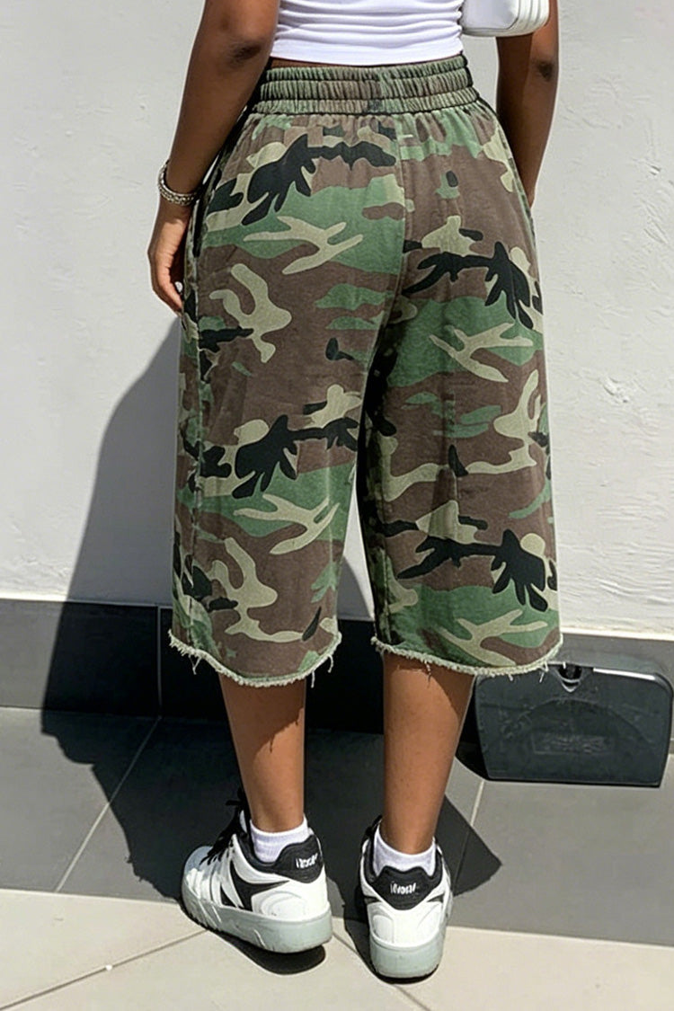 Baggy Drawstring Raw Hem Camo Shorts Lavish Daily