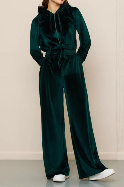 Velvet Hooded Zip Sweatshirt & Pants Set Lavish Daily