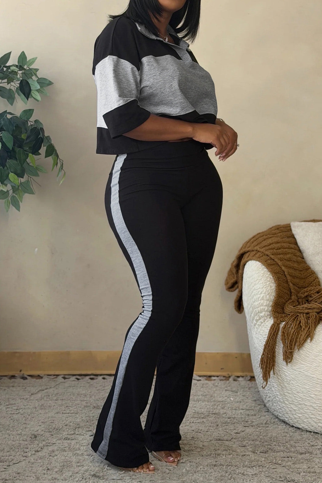 Collared Top & Flare Pants Two-Piece Set Lavish Daily