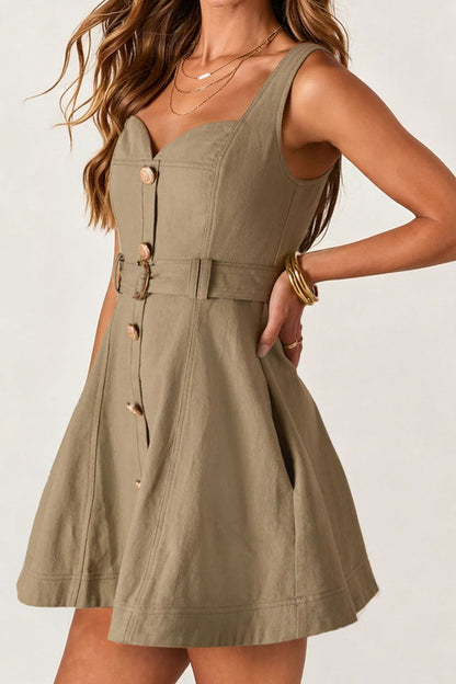 Belted Button-Front A-Line Dress Lavish Daily