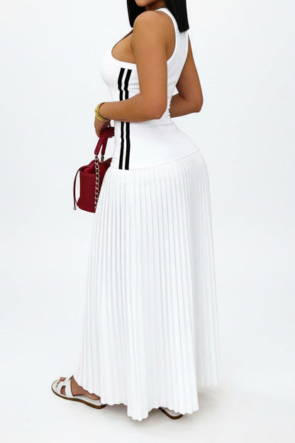 Sporty Contrast-Stripe Pleated Maxi Dress Lavish Daily