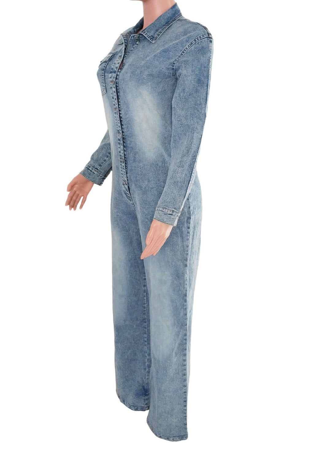 Slim Fit Long Sleeve Washed Denim Jumpsuit LavishDaily