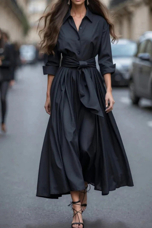 Button Up Bow Waist Long Sleeve Maxi Dress Lavish Daily