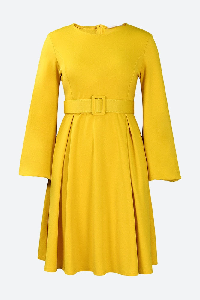 Crew-Neck Long Sleeve High Waisted Dress Lavish Daily