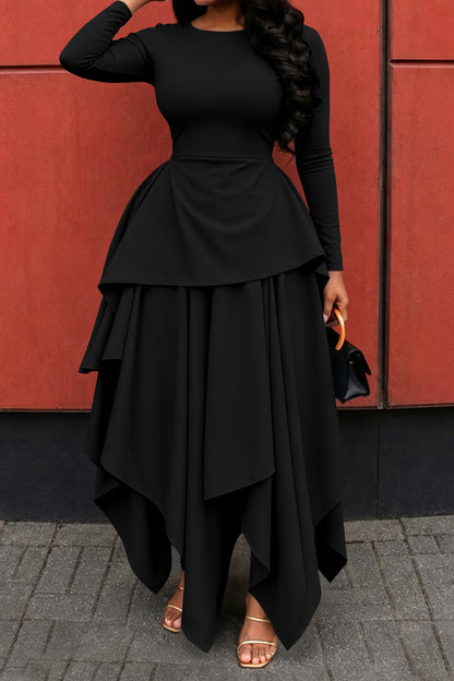 Long-Sleeve Ruffle Hem High-Low Dress Lavish Daily