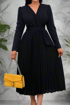 V Neck Long Sleeve Pleated Midi Dress Lavish Daily