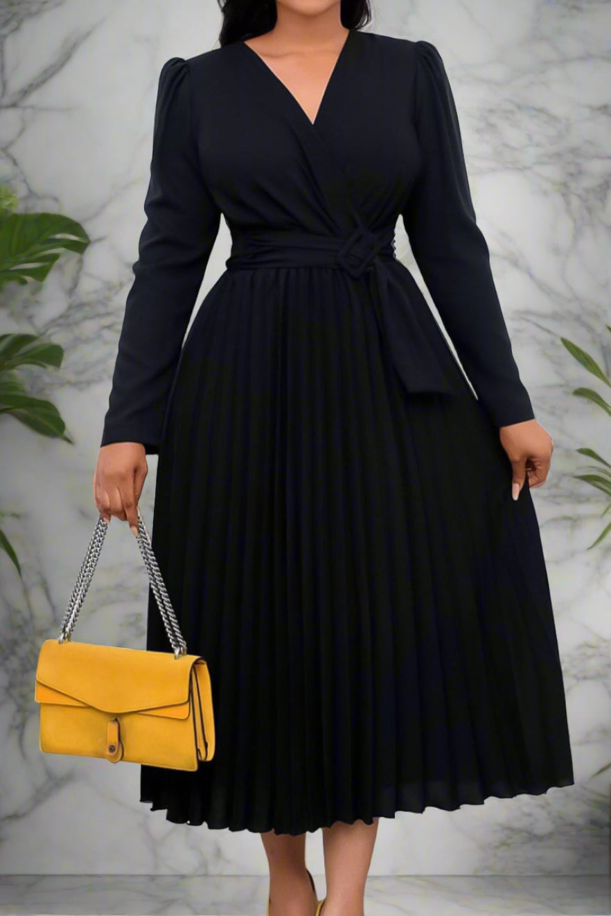 V Neck Long Sleeve Pleated Midi Dress Lavish Daily