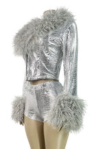 Fur Collar & Cuff Metallic Top and Shorts Set LavishDaily