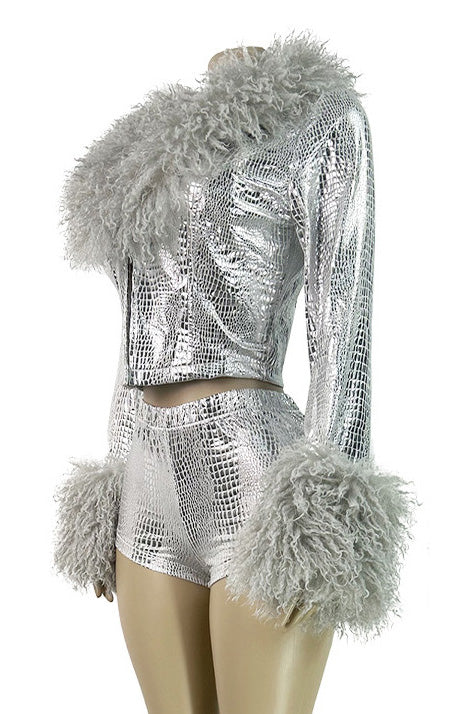 Fur Collar & Cuff Metallic Top and Shorts Set LavishDaily