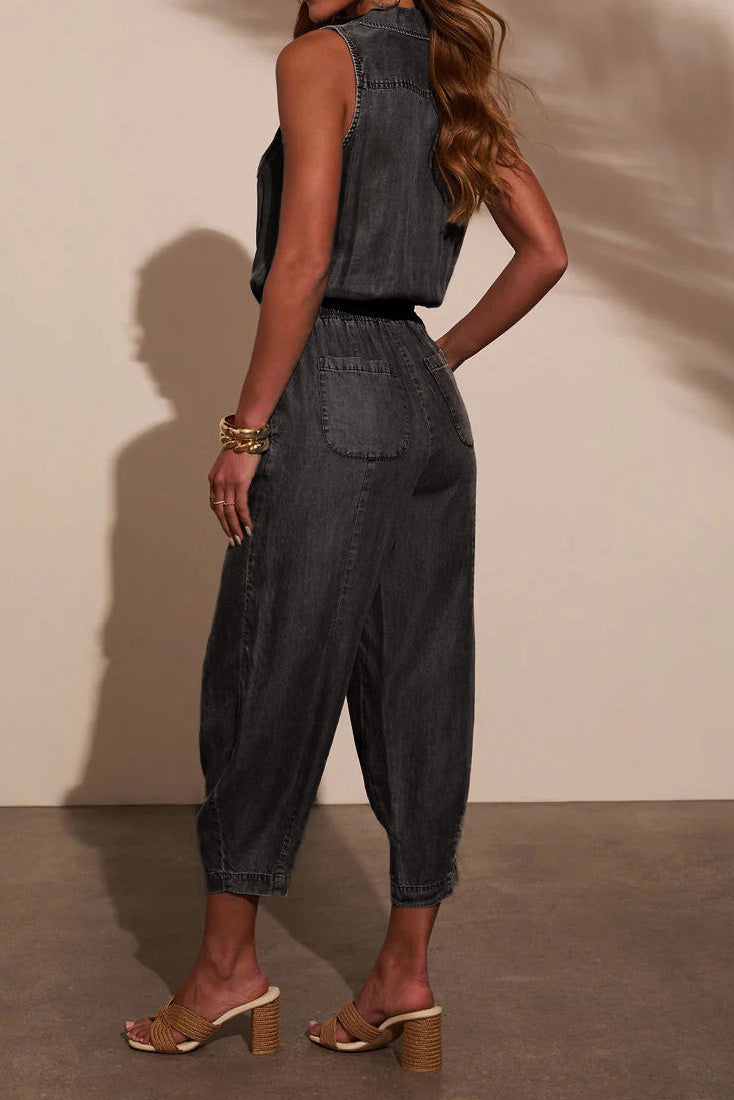 Sleeveless Drawstring Denim Utility Jumpsuit Lavish Daily