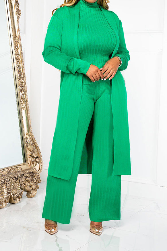 Mock Neck Rib-Knit 3-Piece Cardigan Set Lavish Daily
