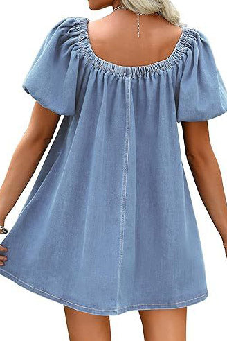 Bubble Sleeve Square Neck Denim Babydoll Dress Lavish Daily