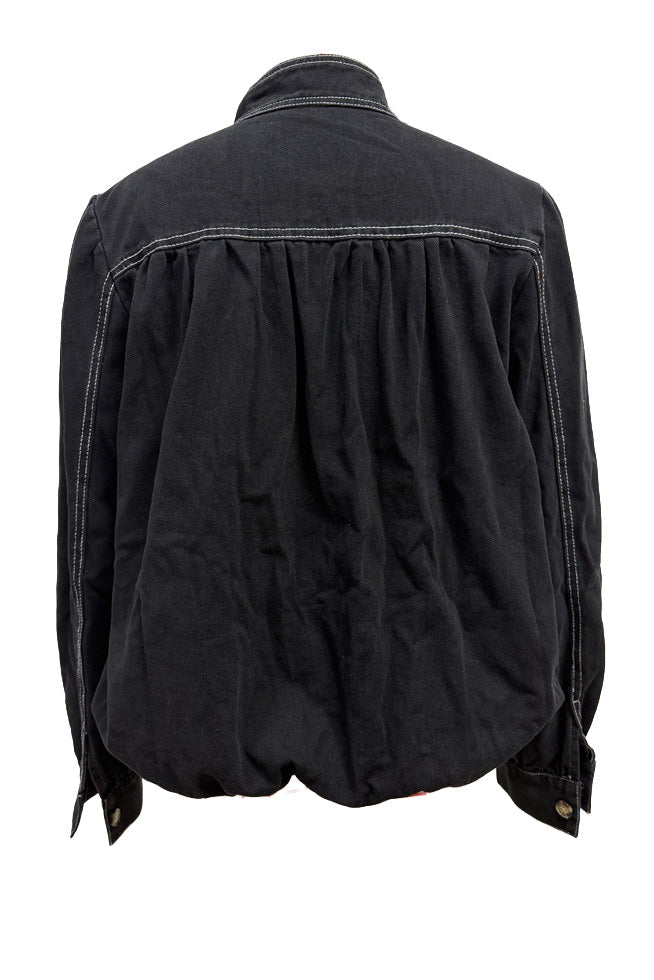 Puff-Sleeve Stand-Collar Denim Jacket Lavish Daily