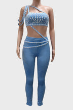 Rhinestone One Shoulder Crop Top Pants Set Lavish Daily