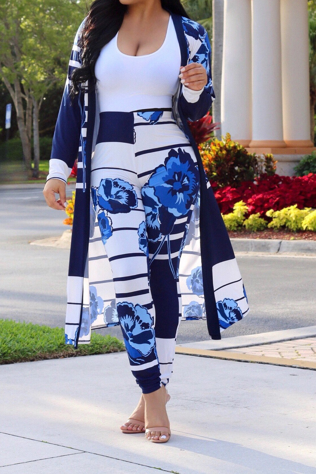 Printed Pants with Long Cardigan Set Lavish Daily
