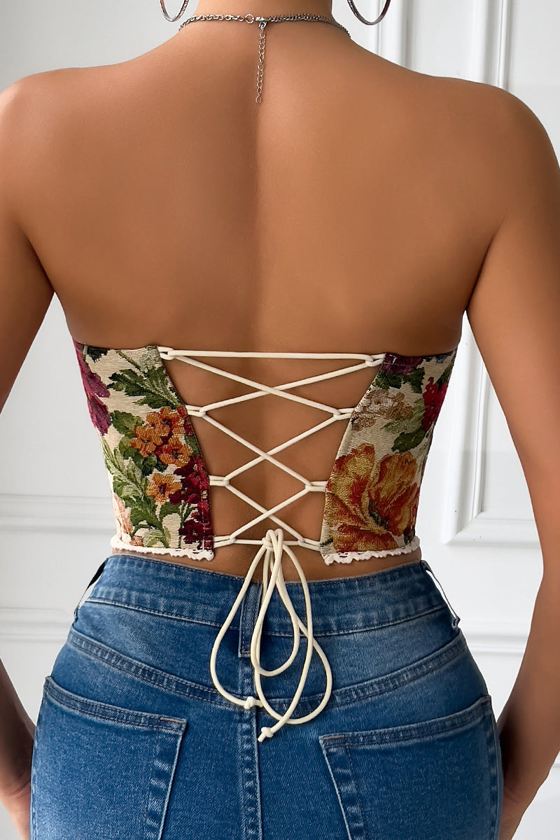 Floral Lace-Up Boned Bustier Tube Top Lavish Daily
