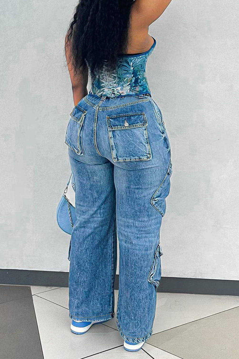Light Blue Loose Fit Multi-Pocket Jeans Lavish Daily