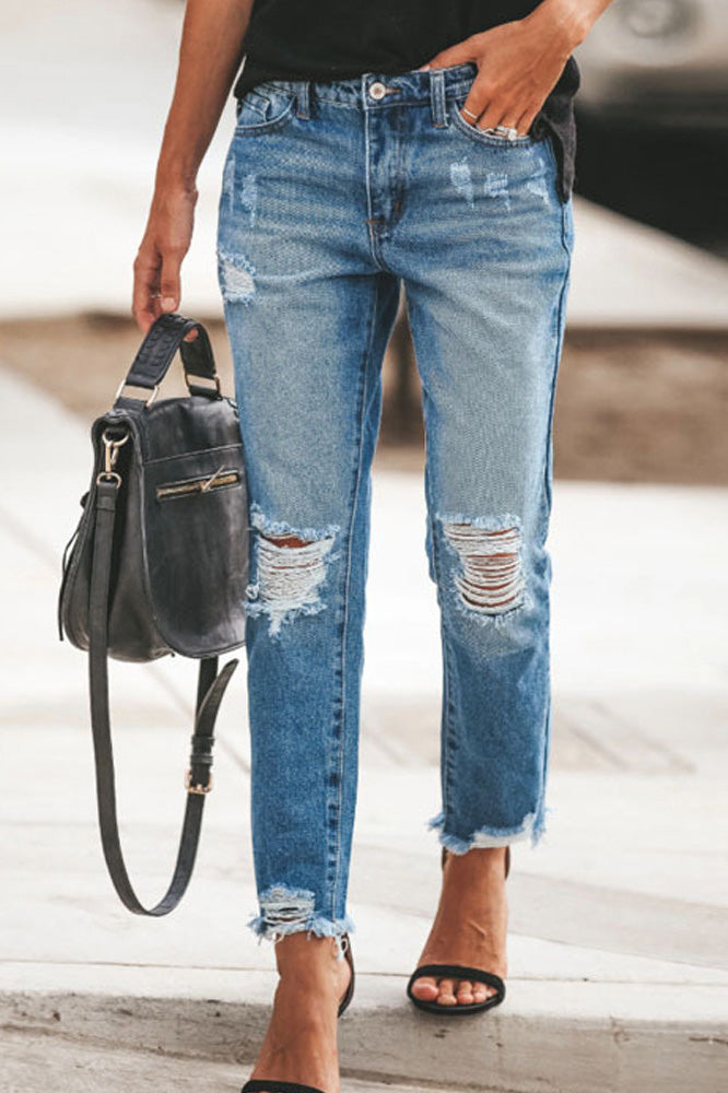 Distressed Raw Hem Jeans Lavish Daily