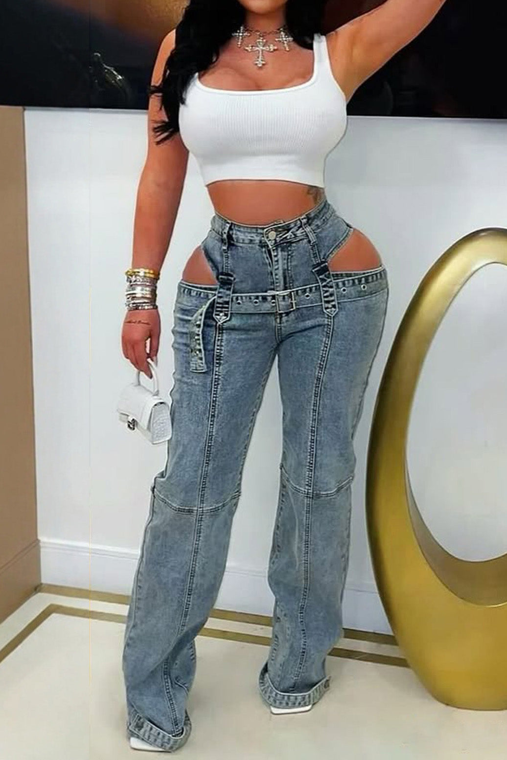 High Waist Studded Casual Denim Jeans Lavish Daily