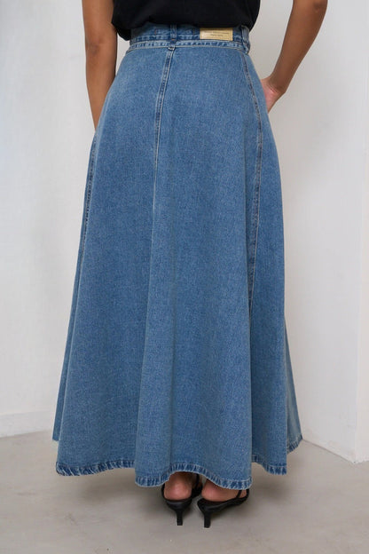 Belted High Waist A-Line Denim Maxi Skirt Lavish Daily
