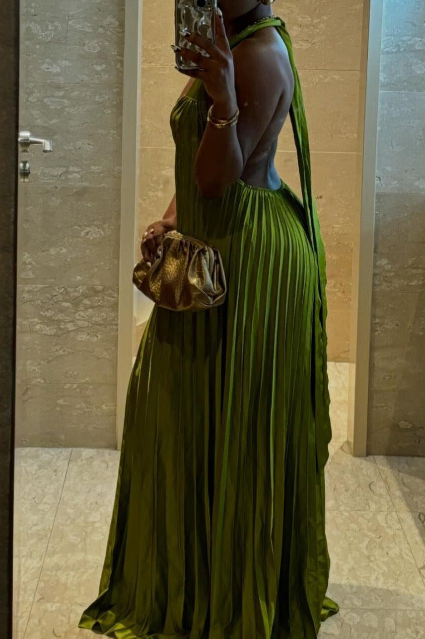Pleated Halter Plunge Maxi Dress Lavish Daily