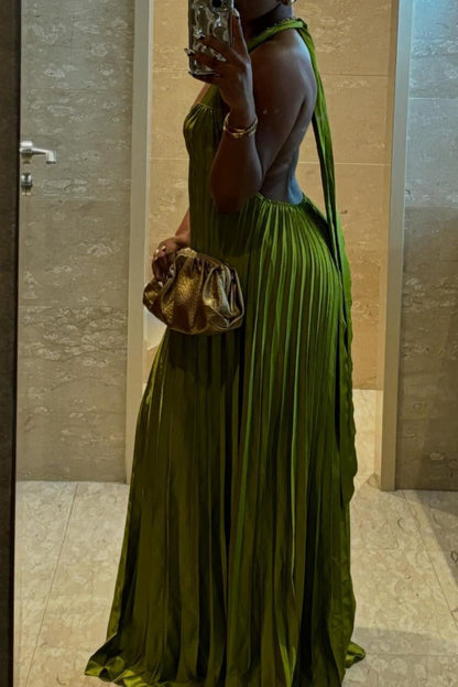 Pleated Halter Plunge Maxi Dress Lavish Daily