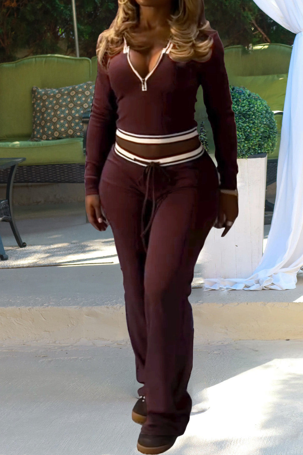 Half Zip Collar Top and Drawstring Pants Set Lavish Daily