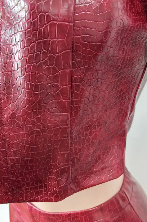 Snake Texture Faux Leather Long Sleeve Shorts Set Lavish Daily