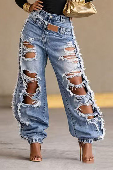 Distressed Crossover Baggy Jeans Lavish Daily