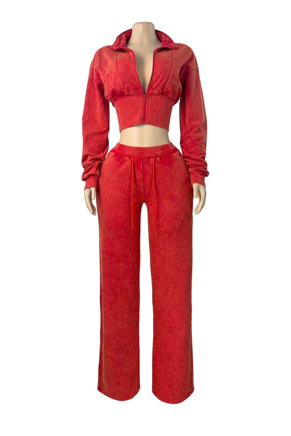 Washed Cropped Zip Jacket Wide Leg Pants Set Lavish Daily