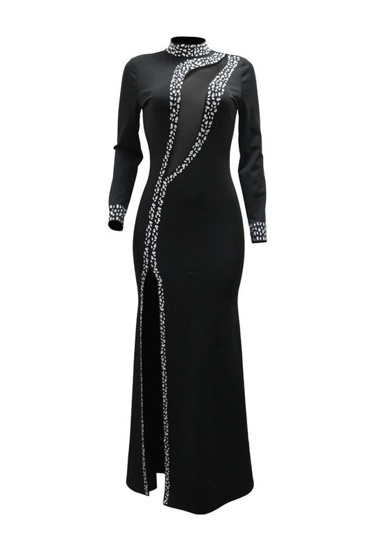 Rhinestone Embellished Mesh Illusion High Slit Maxi Dress Lavish Daily