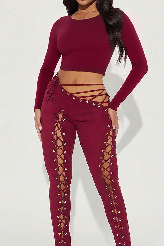 Long Sleeve Crop Top and Lace-Up Pants Set Lavish Daily
