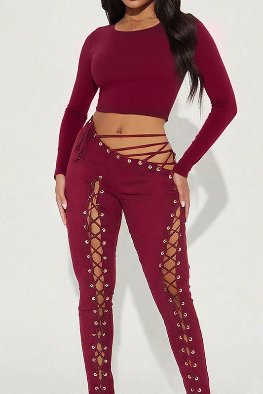Long Sleeve Crop Top and Lace-Up Pants Set Lavish Daily