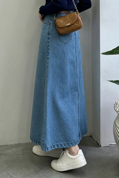 Classic A-Line Denim Maxi Skirt Lavish Daily