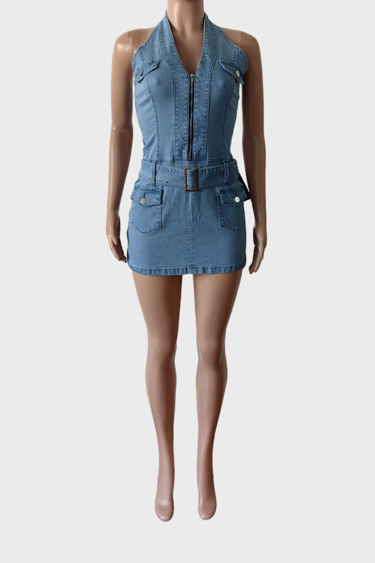 Halter Denim Belt Mini Dress Lavish Daily