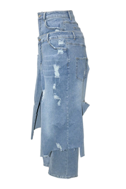 Double-Waistband Asymmetric Distressed Jeans Lavish Daily