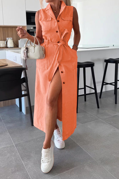 Sleeveless Belted Utility Maxi Shirt Dress Lavish Daily