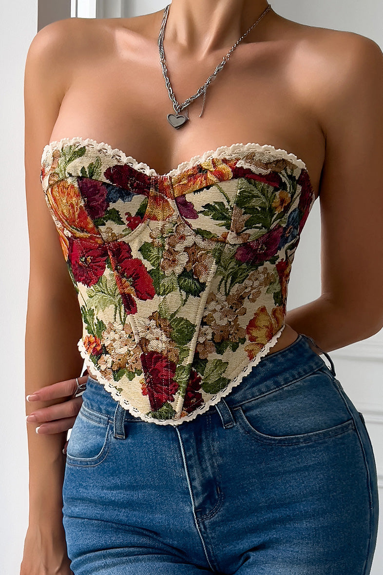 Floral Lace-Up Boned Bustier Tube Top Lavish Daily