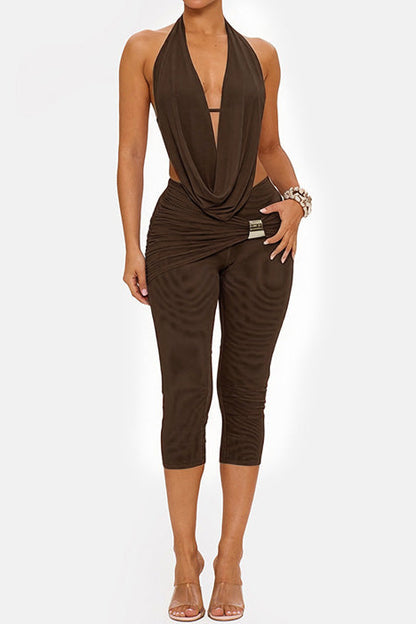 Draped Halter & Sheer Mesh Capri Set Lavish Daily