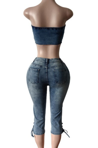 Denim Corset Top Lace-Up & Mid-Thigh Shorts Set Lavish Daily