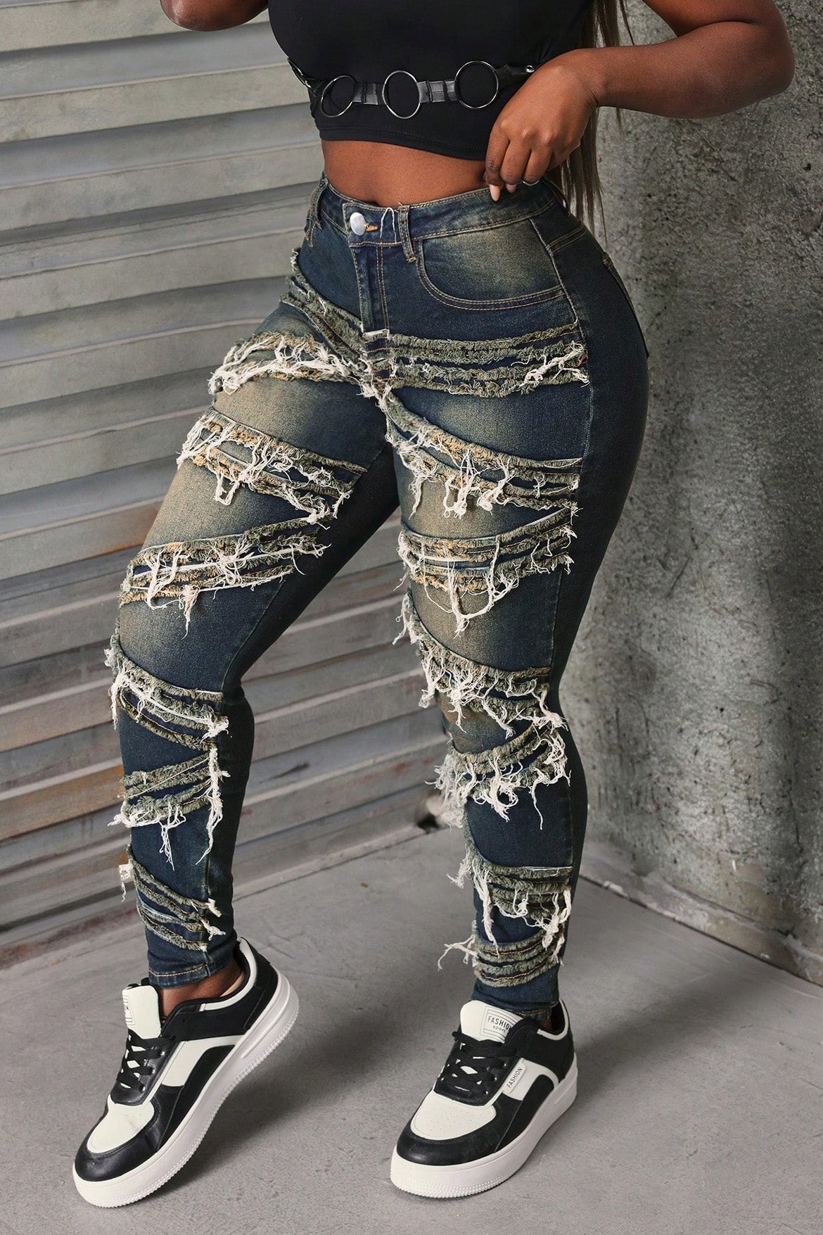 Whiskered Stretch Patch Skinny Jeans Lavish Daily