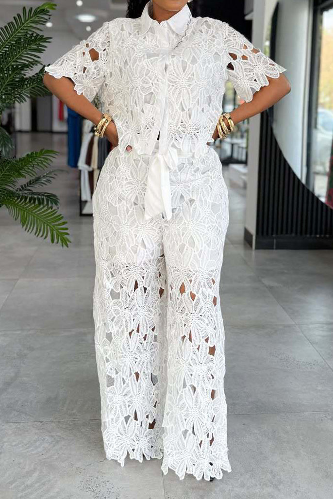 Lace Cutout Tie Waist Wide Leg Two Piece Set Lavish Daily