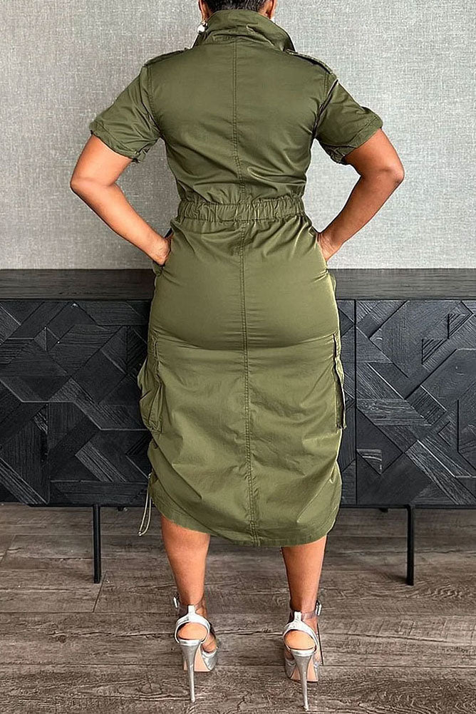 Stand Collar Drawstring Midi Dresses Lavish Daily