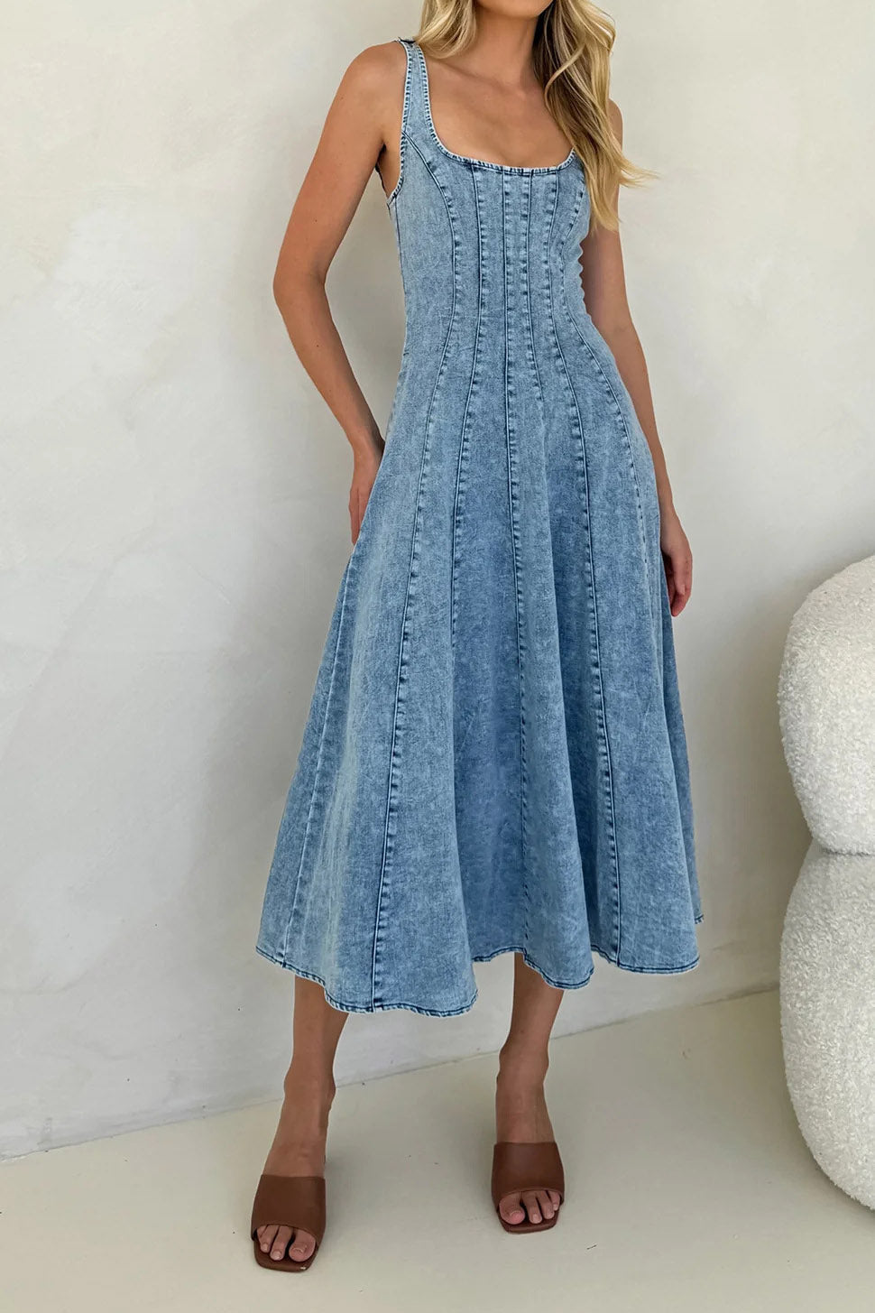 Sleeveless Backless Strappy Denim Maxi Dress Lavish Daily