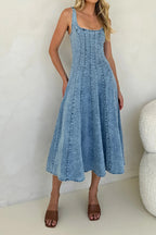 Sleeveless Backless Strappy Denim Maxi Dress Lavish Daily
